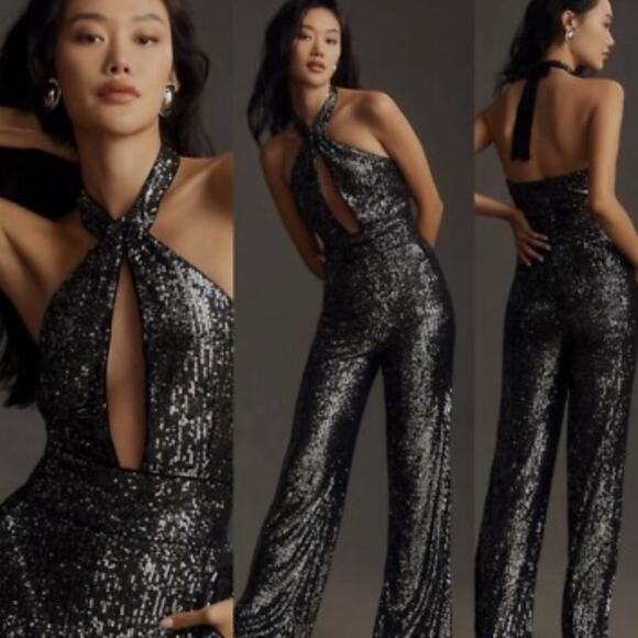 Anthropologie Maeve Sequin Halter Jumpsuit Black Silver Size 6 Sexy Clubwear - Picture 2 of 7